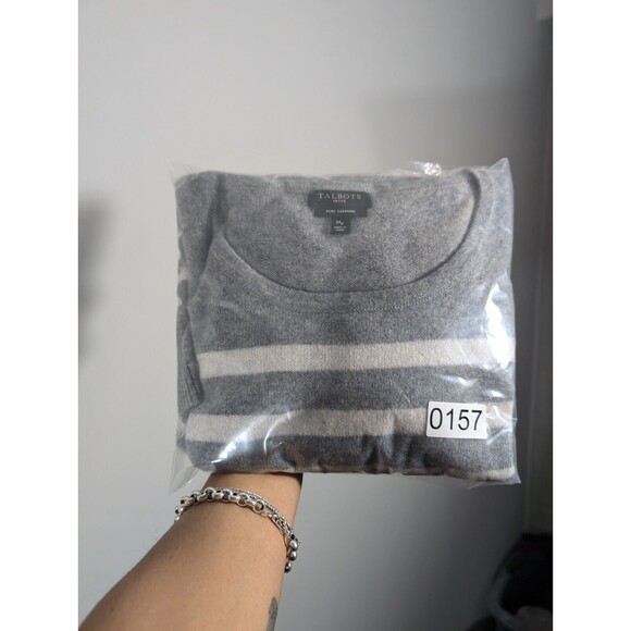 Talbots Sweater Women Sz Petite M Grey Striped 100% Cashmere Crew Neck Pullover - Picture 8 of 8